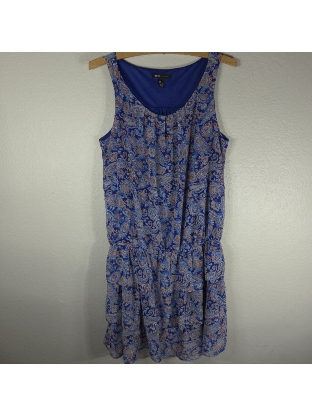 MNG Casual By Mango Size M Blue Sleeveless Ruffle Dress Pasley Elastic Waist